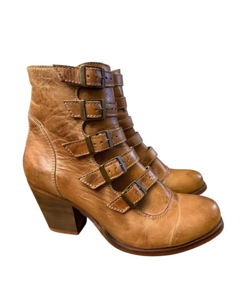 Roan by Bed Stu Buckle Moto Bootie Women size 7.5 Brown Leather